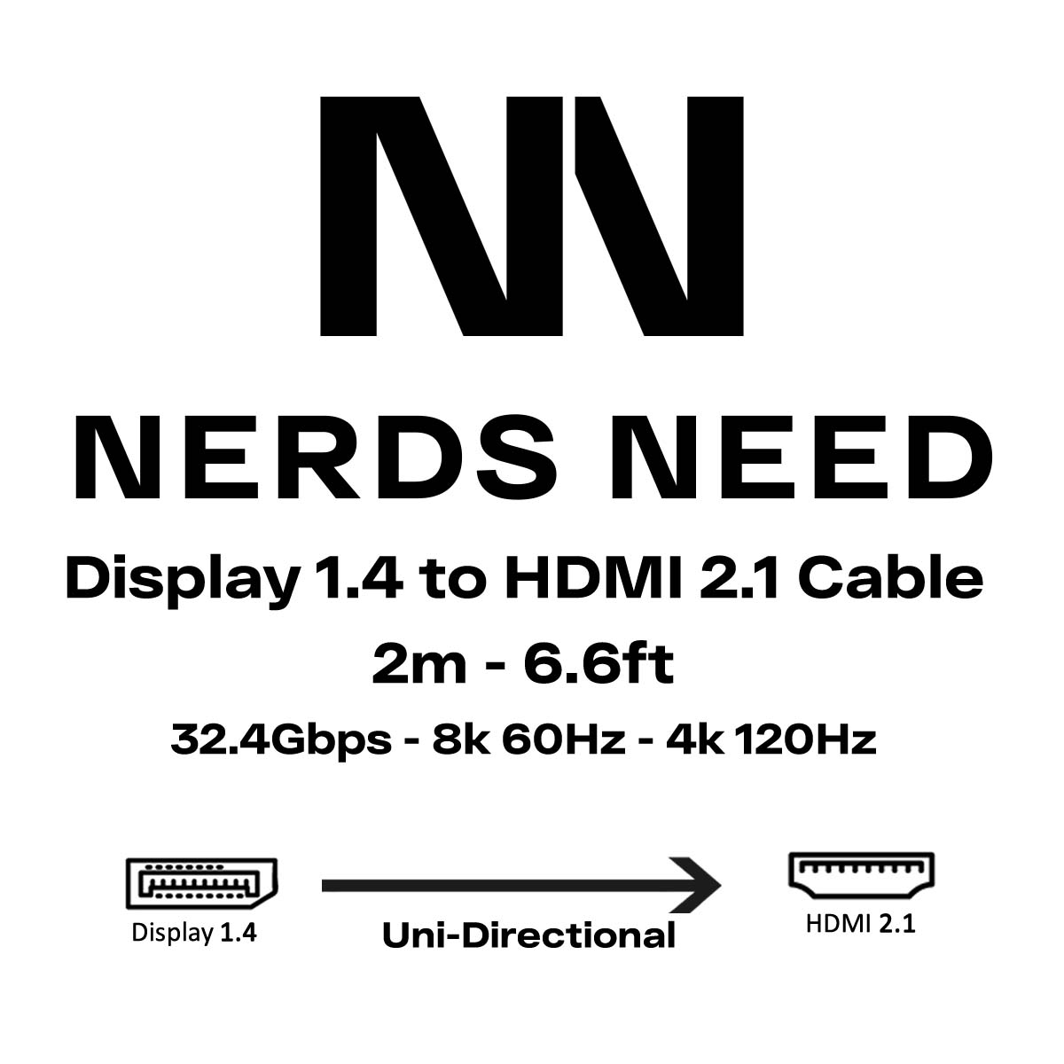 Display 1.4 to HDMI 2.1 Cable 32.4Gbps 8K 30Hz 4K 120Hz 2m 6.6ft