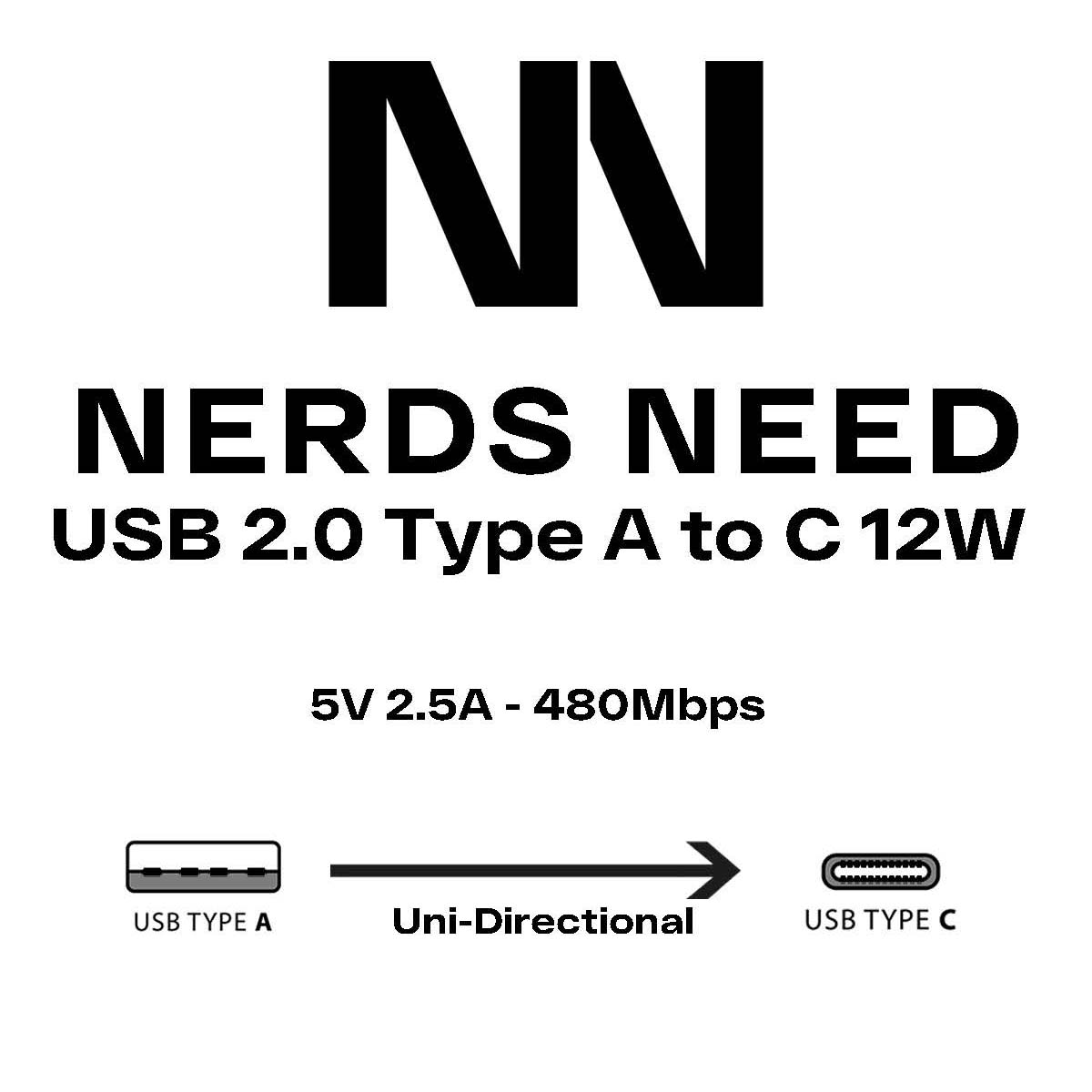 USB A to C Cable 12W 480Mbps Charge and Sync