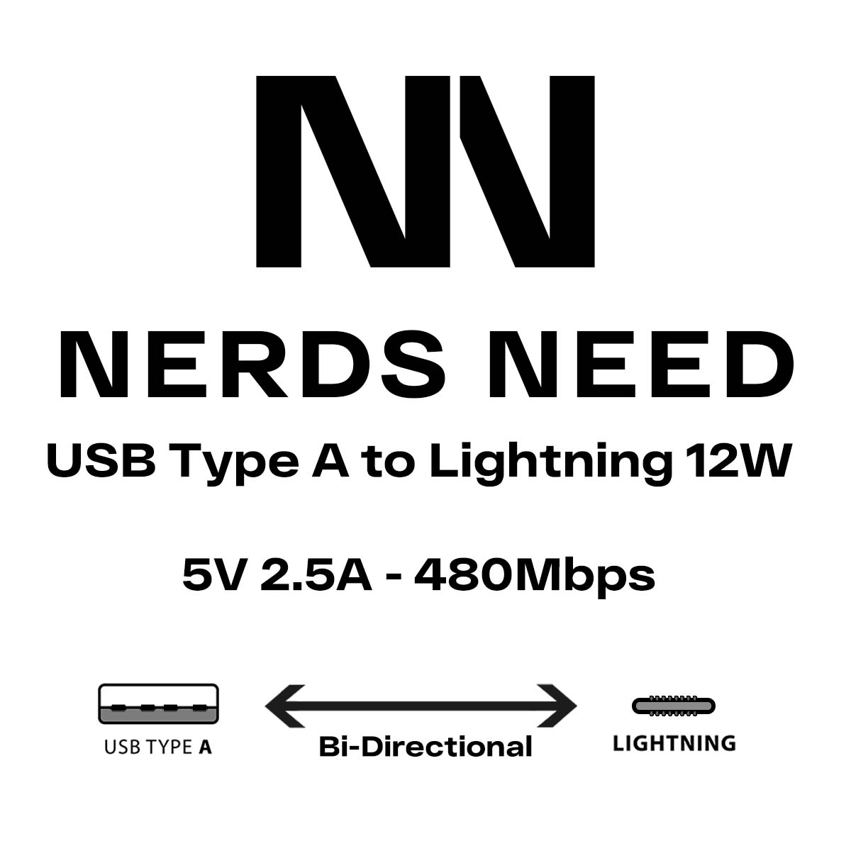 USB A to Lightning Cable 12W 480Mbps Charge and Sync